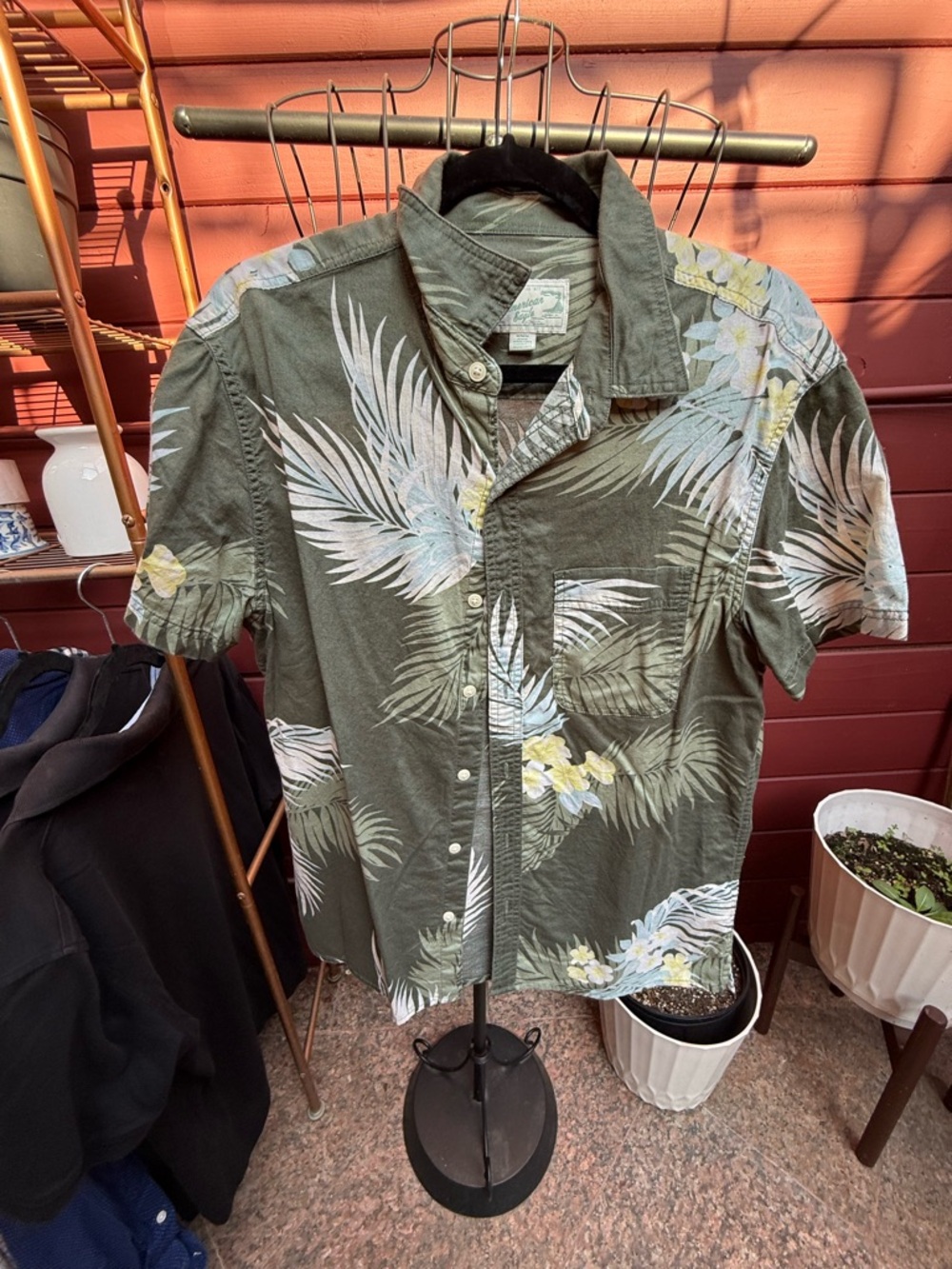 American Eagle Outfitters Olive Green Tropical Print Short-Sleeve Shirt